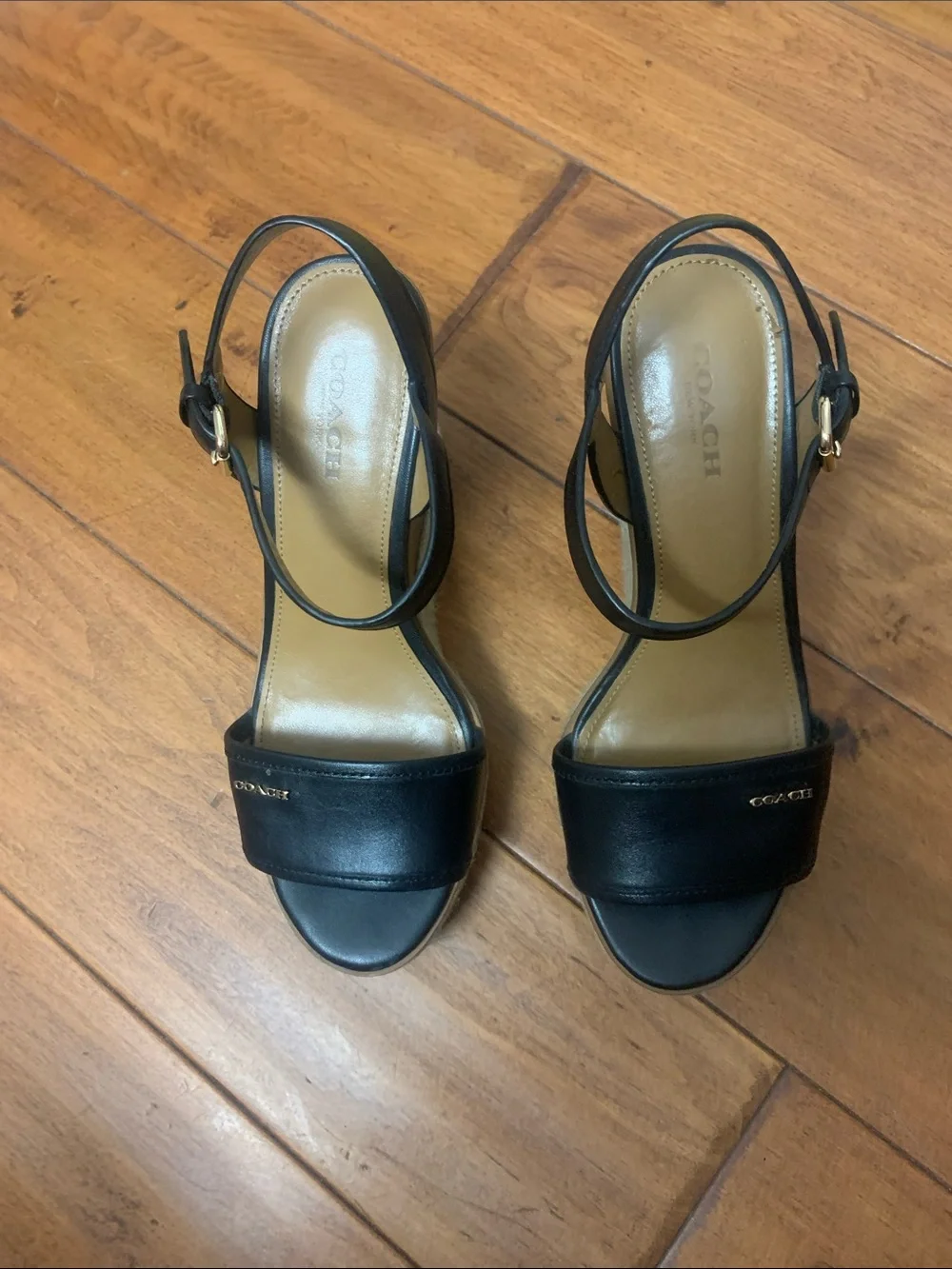 Coach Elda Mat Black Wedge Sandals with buckle strap Size 5.5